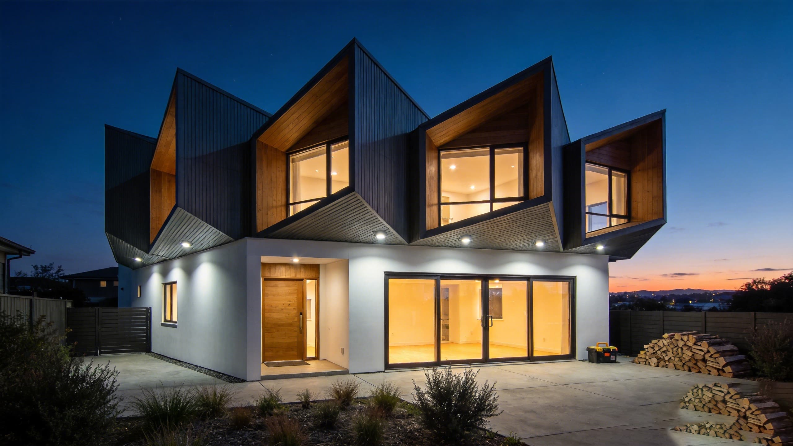 A finished modern New Zealand home photographed at dusk