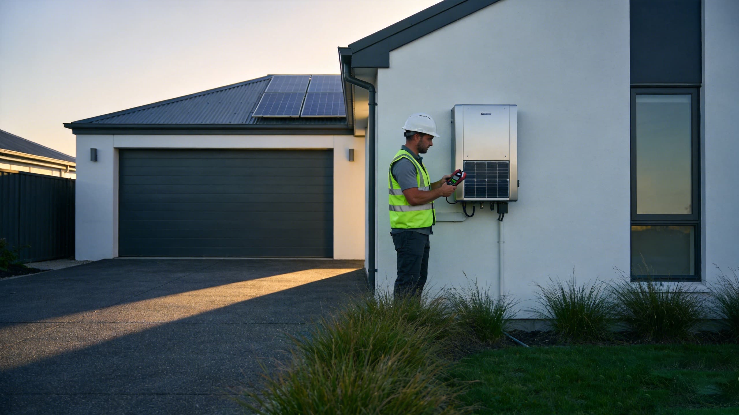 An electrician working beside a meter box on a New Zealand house