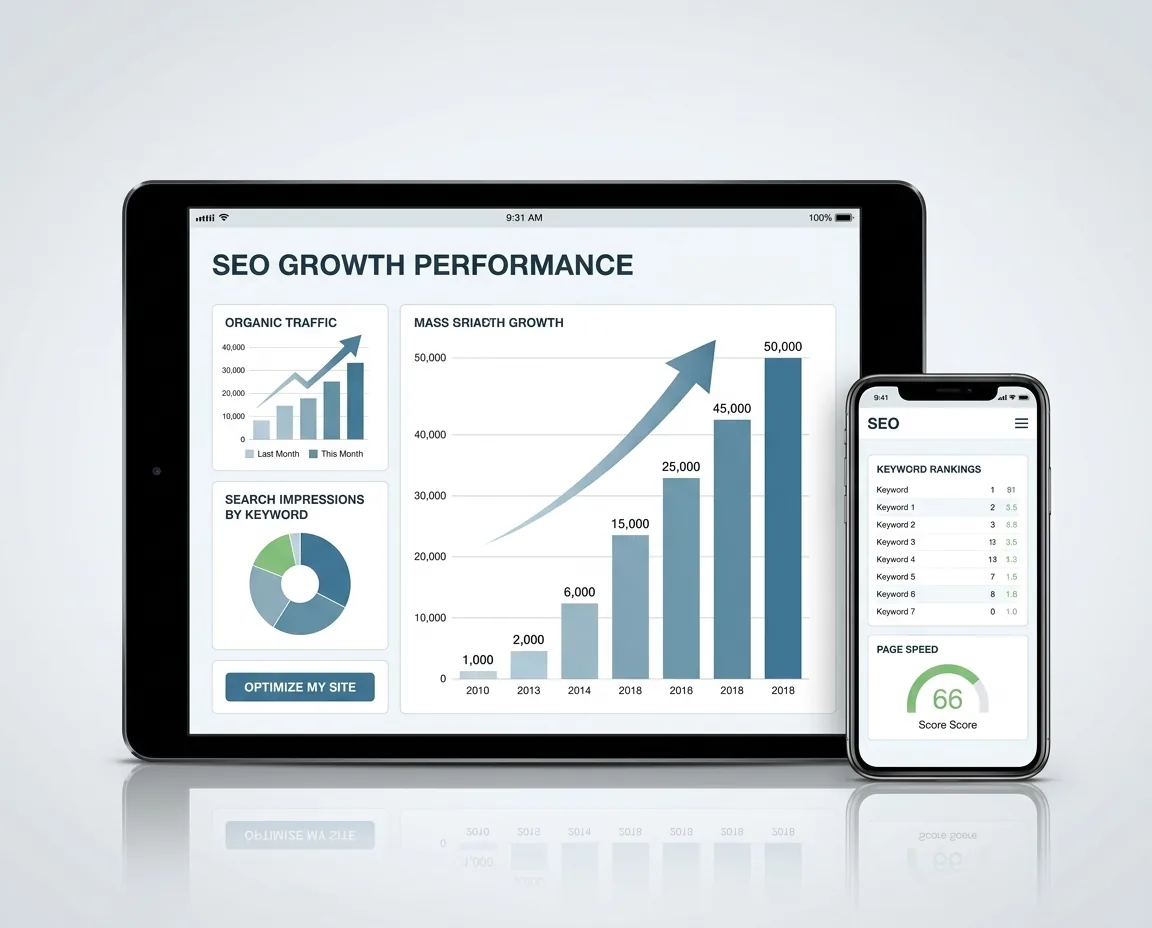 A tablet and a phone showing search performance charts for a website