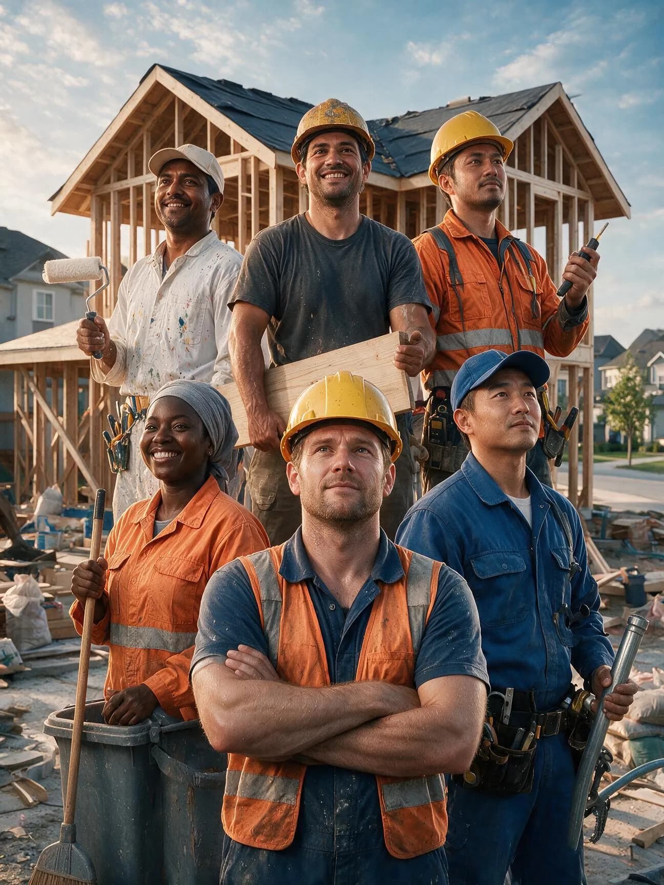 A group of New Zealand tradies in front of a house they are building