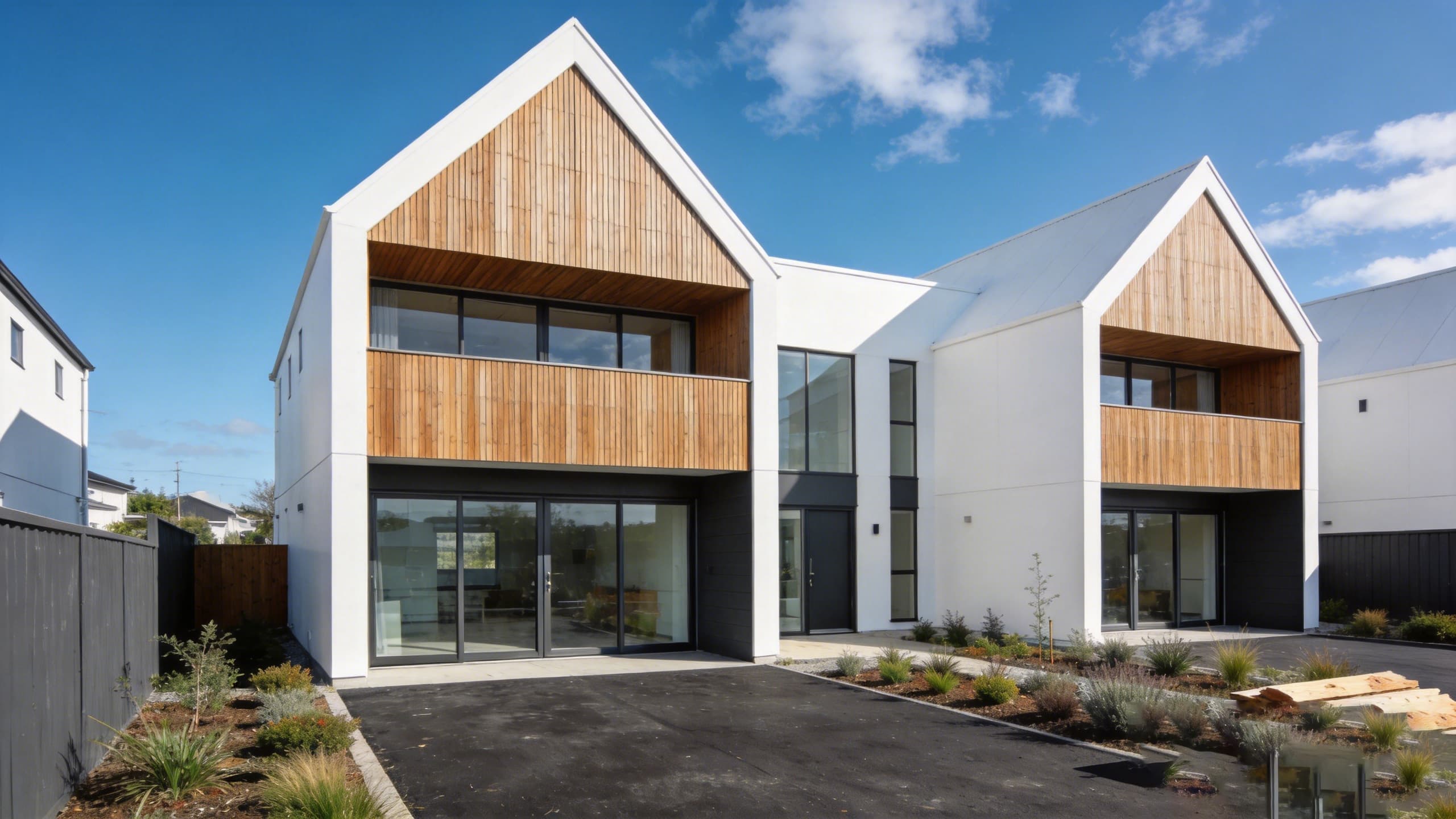 A pair of gabled new builds in cedar and white
