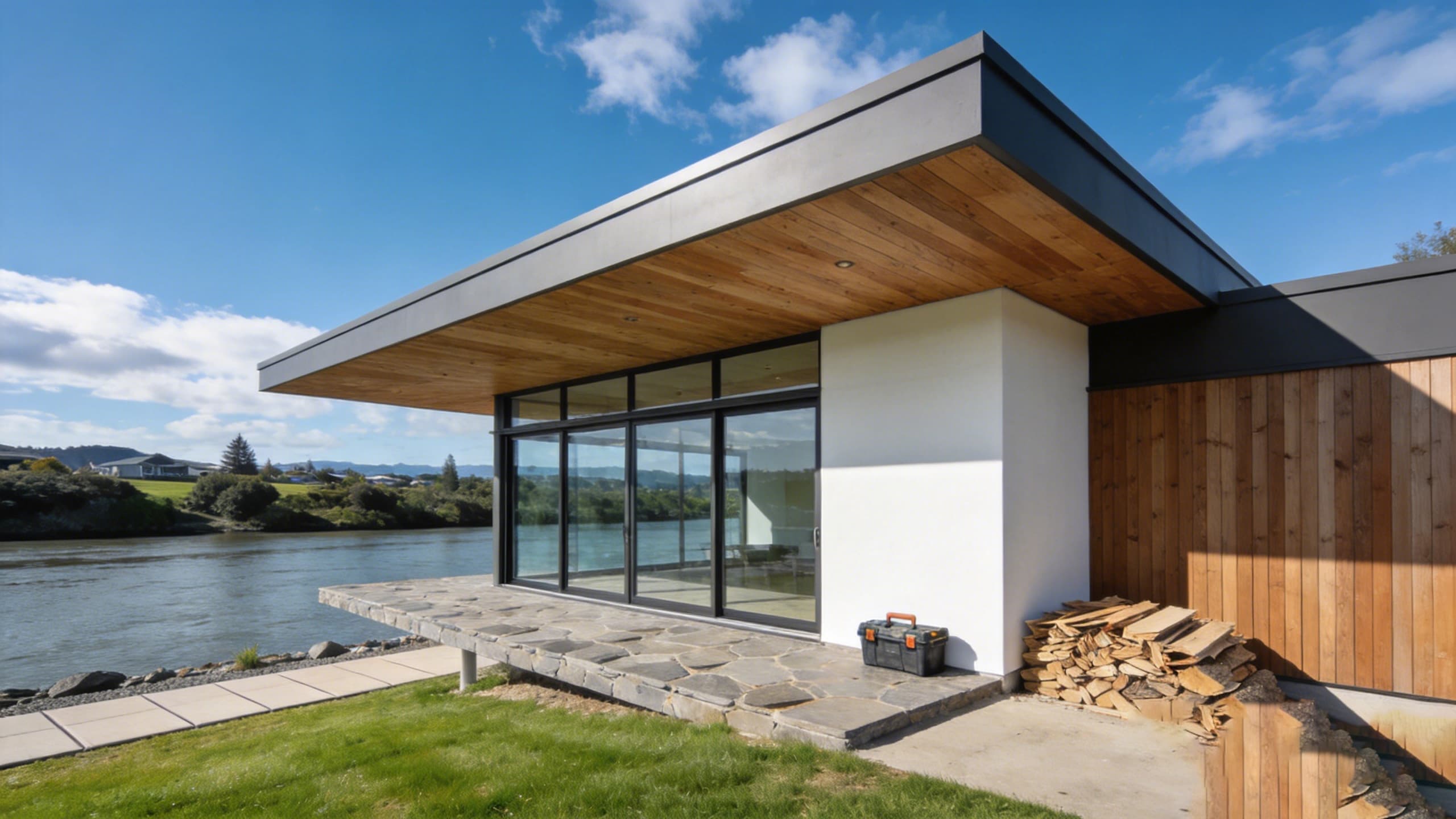 A finished waterfront home with cedar cladding