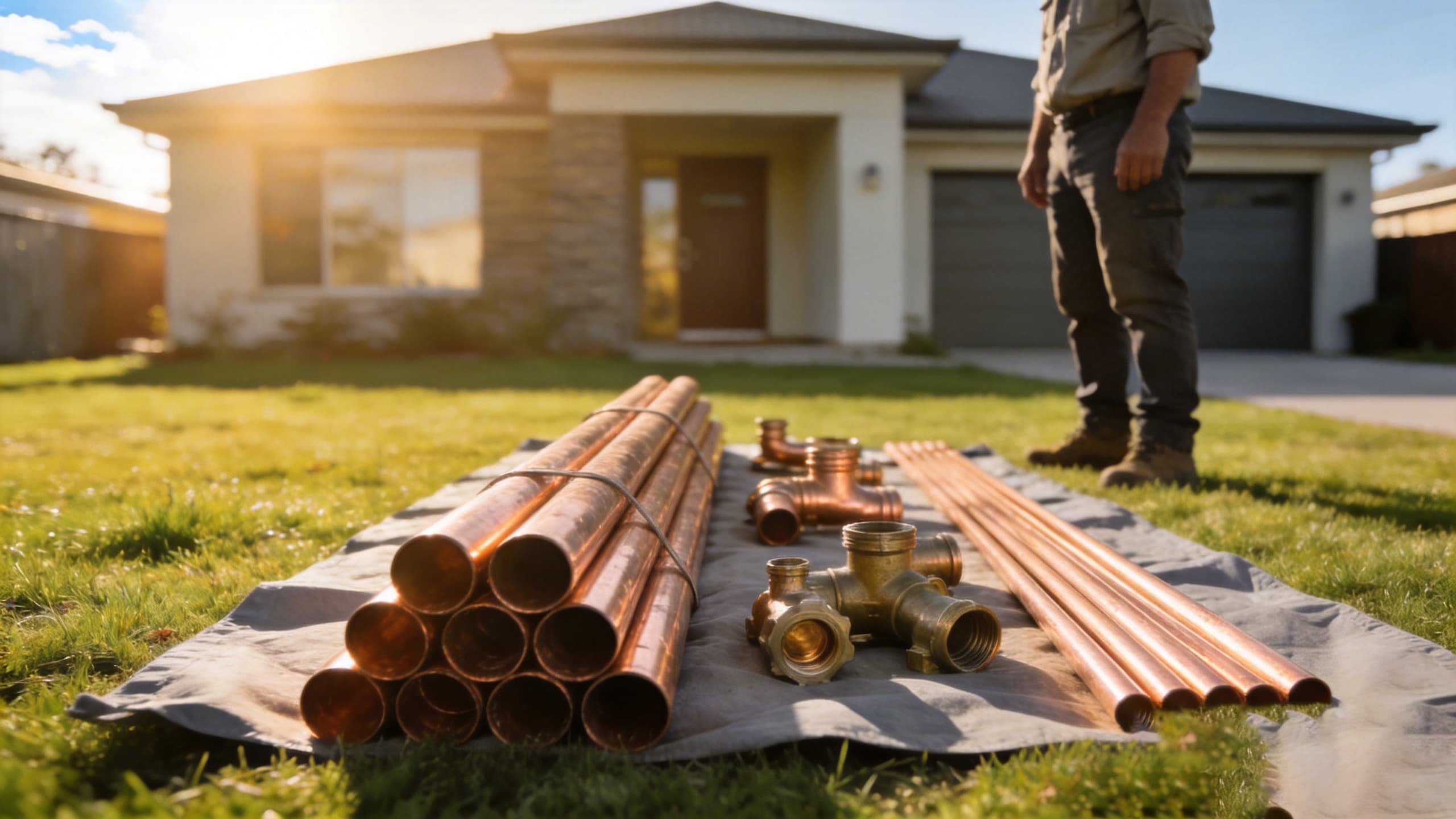 Copper pipe and brass fittings laid out on a drop cloth