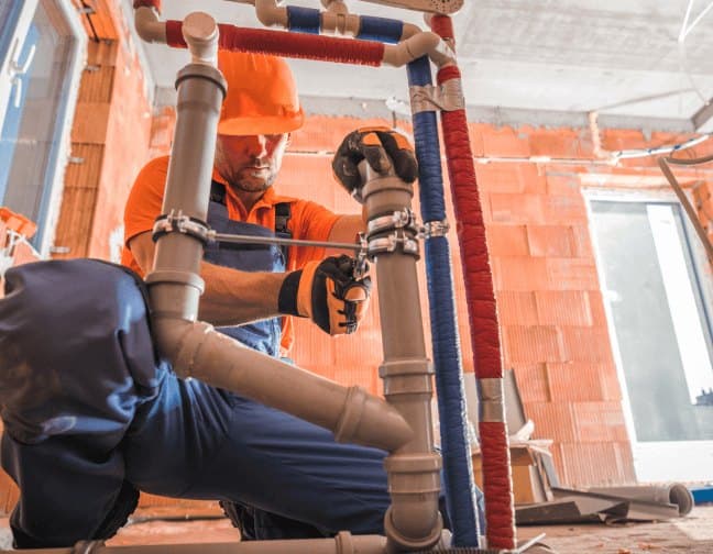 A plumber working on pipework inside a wall cavity