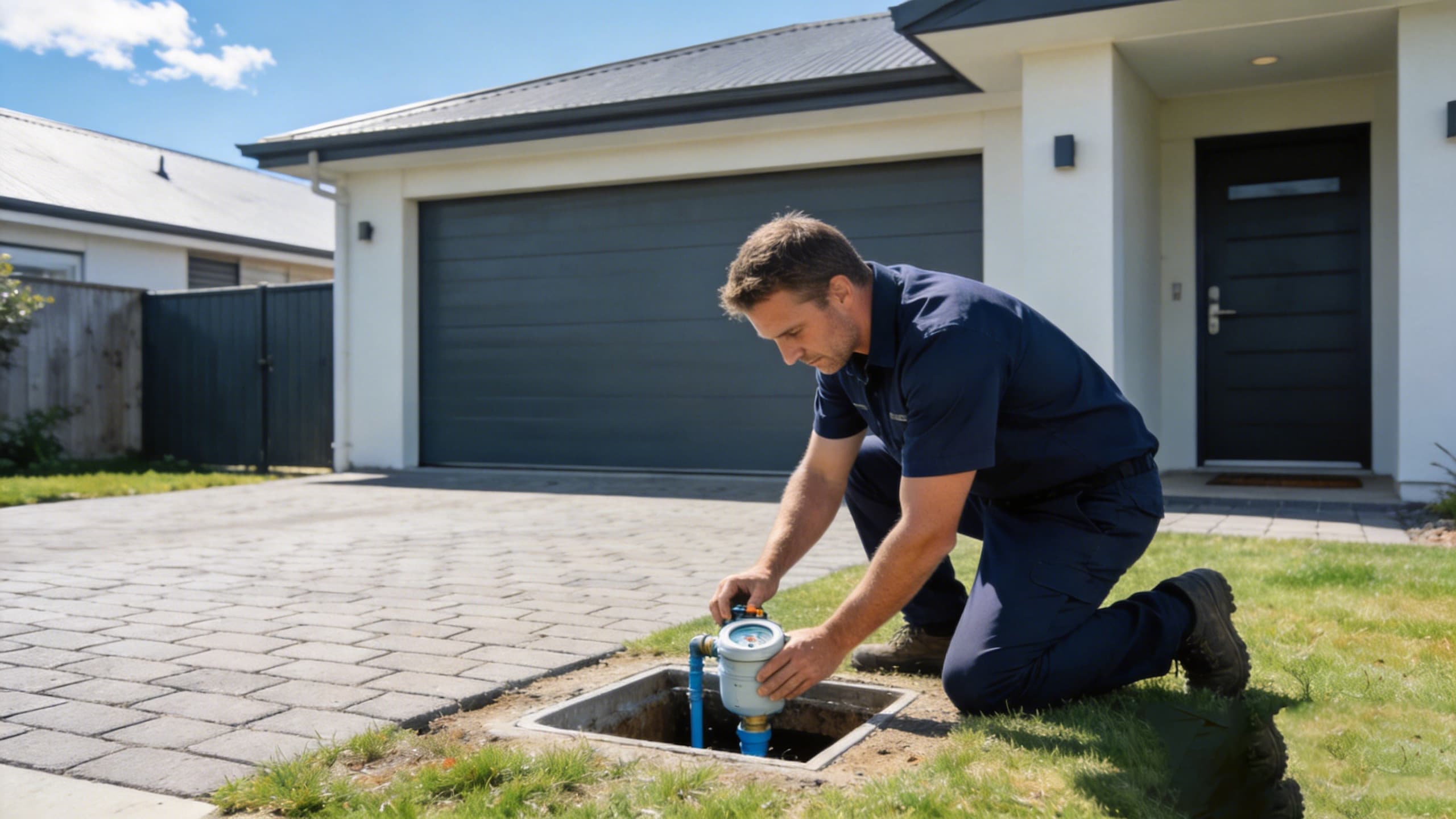 A plumber kneeling at an open water-meter box on a driveway