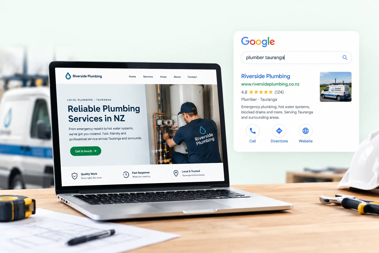 A plumbing business website open on a laptop, beside an example Google listing for the same business showing its name, website, phone and service area.